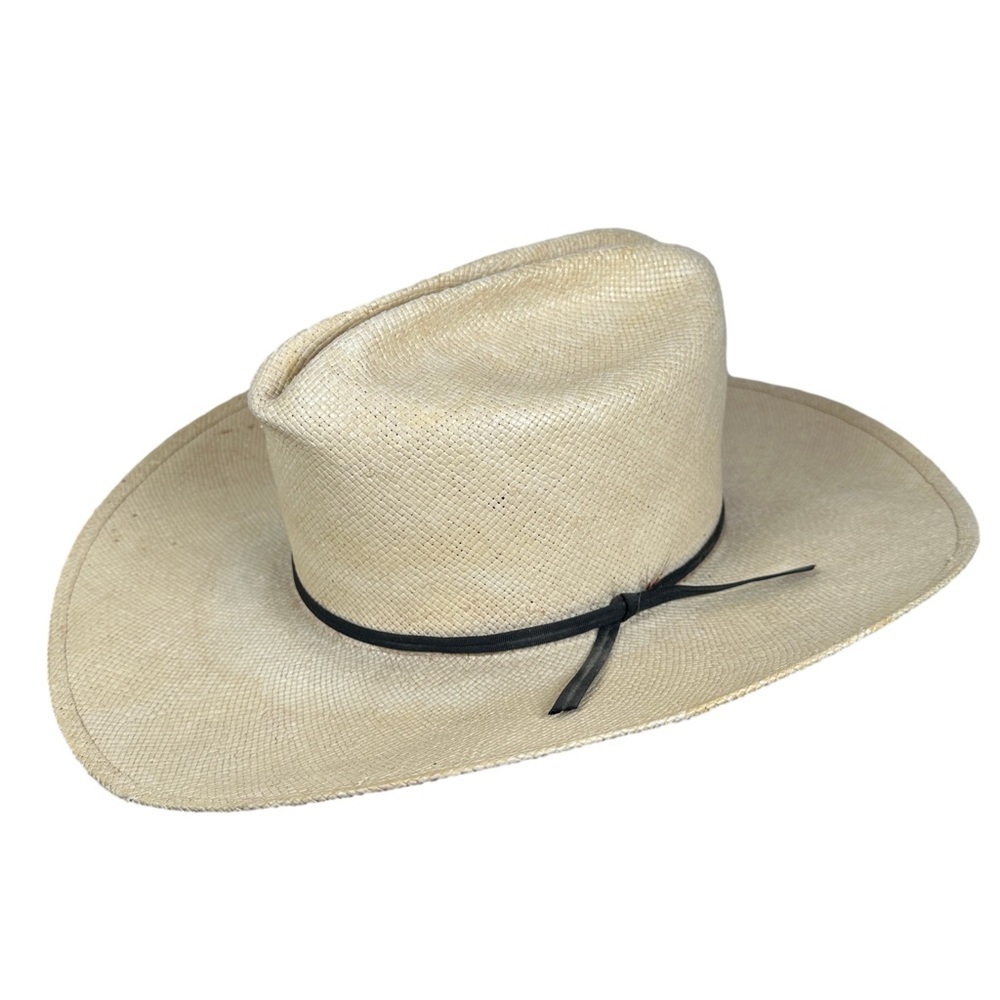 Tan Straw Cowboy Hat with Black Band western distressed vintage Resistol 7 1/8‎
